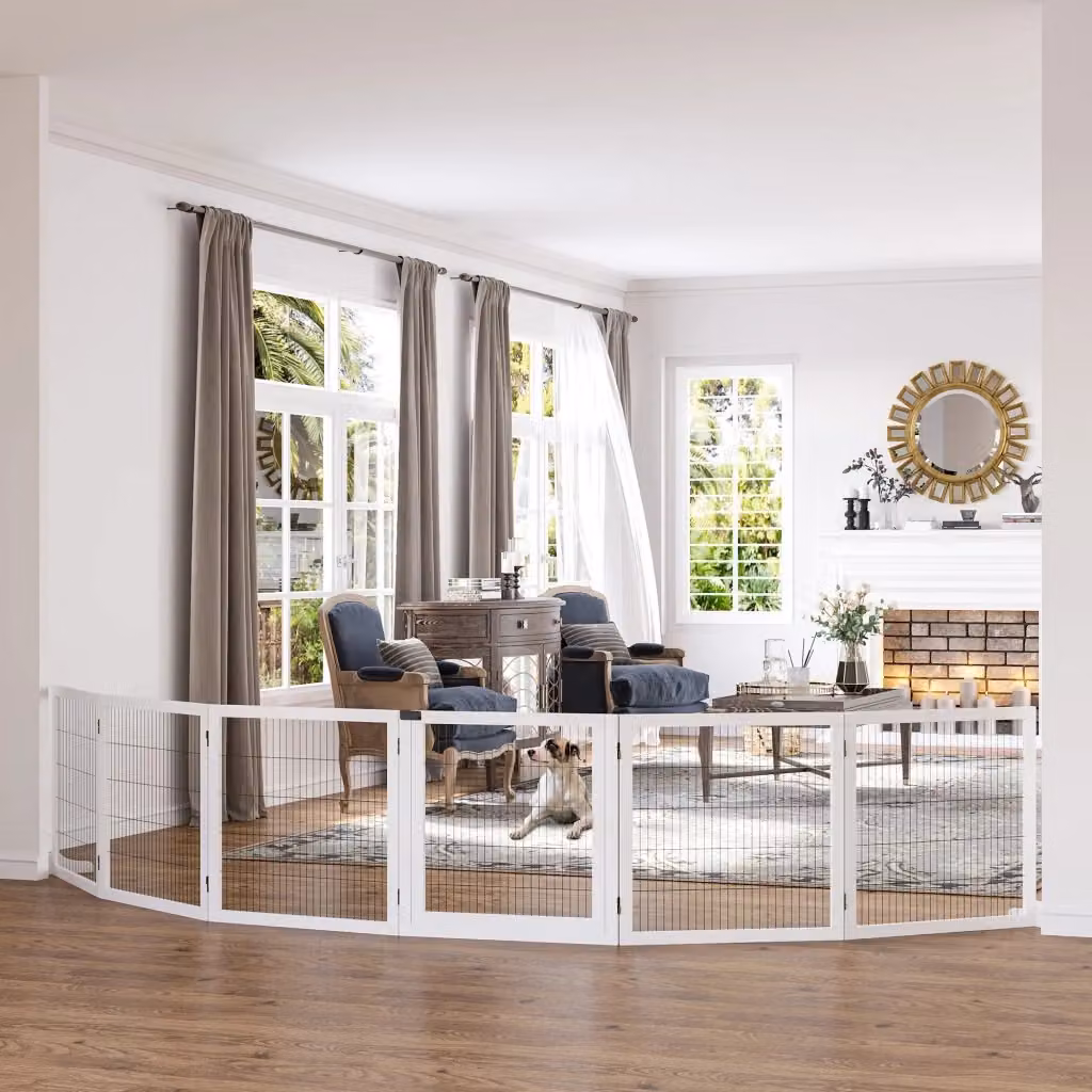 Cancelletto di Sicurezza Pieghevole GIORDANOSHOP per Cani di Piccola e Media Taglia in Legno e Acciaio, Bianco, L: 432 cm, P: 36 cm, H: 70 cm – 2