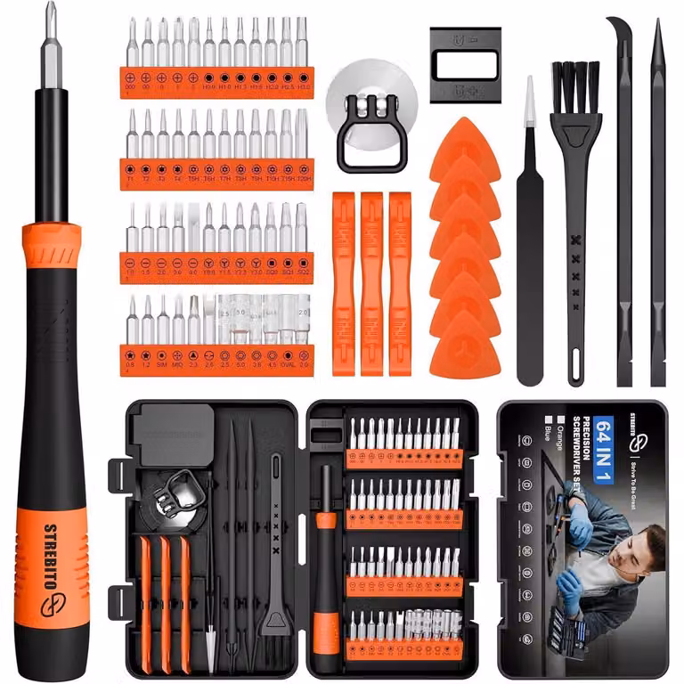 Set di cacciaviti Feinmechaniker, 64 pezzi, con punte esagonali e a cinque lobi magnetizzate, per elettronica, colore blu