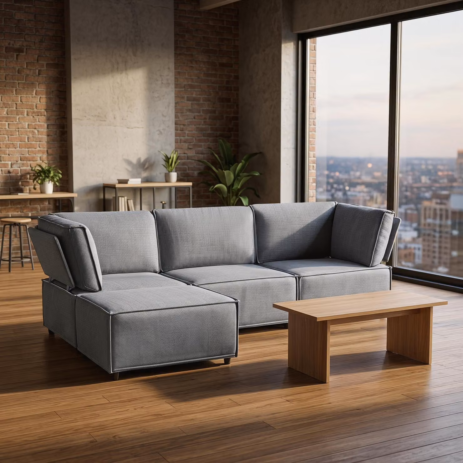 Divano Modular Modfu, 4 Posti, Design Ad Angolo A "L", Divano Relax Con Pouf, Tessuto In Lino, Design Moderno, Colore Grigio Chiaro