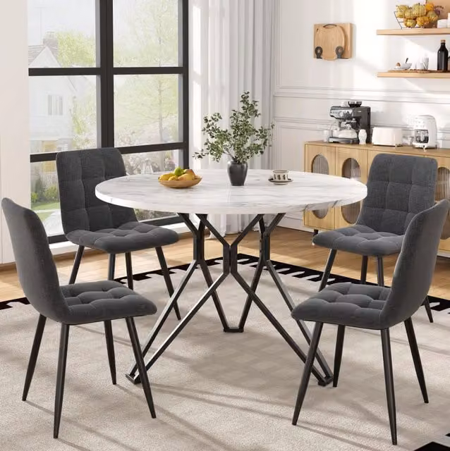 Set tavolo da pranzo rotondo 100 cm con 4 sedie in lino grigio finitura marmo