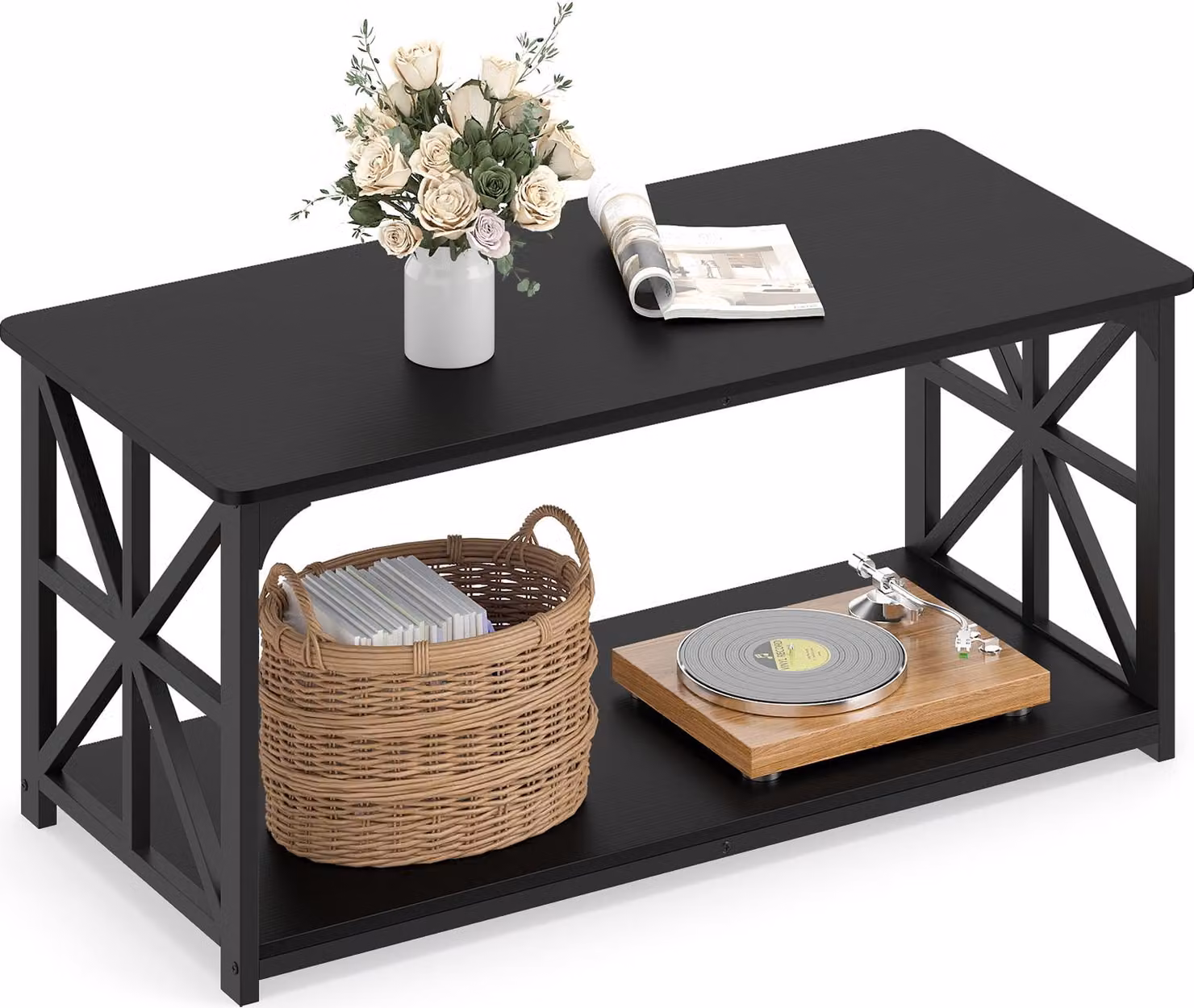 COSTWAY Tavolino da salotto, tavolino industriale in stile rustico con ripiano aperto, tavolino rettangolare a 2 livelli con struttura in metallo, 109x50x48 cm
