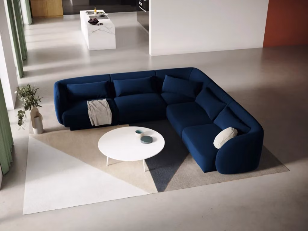 Divano angolare reversibile Tulum di Cosmopolitan Design in velluto blu, 5 posti, L/P/H: 255 x 141 x 70 cm – 2