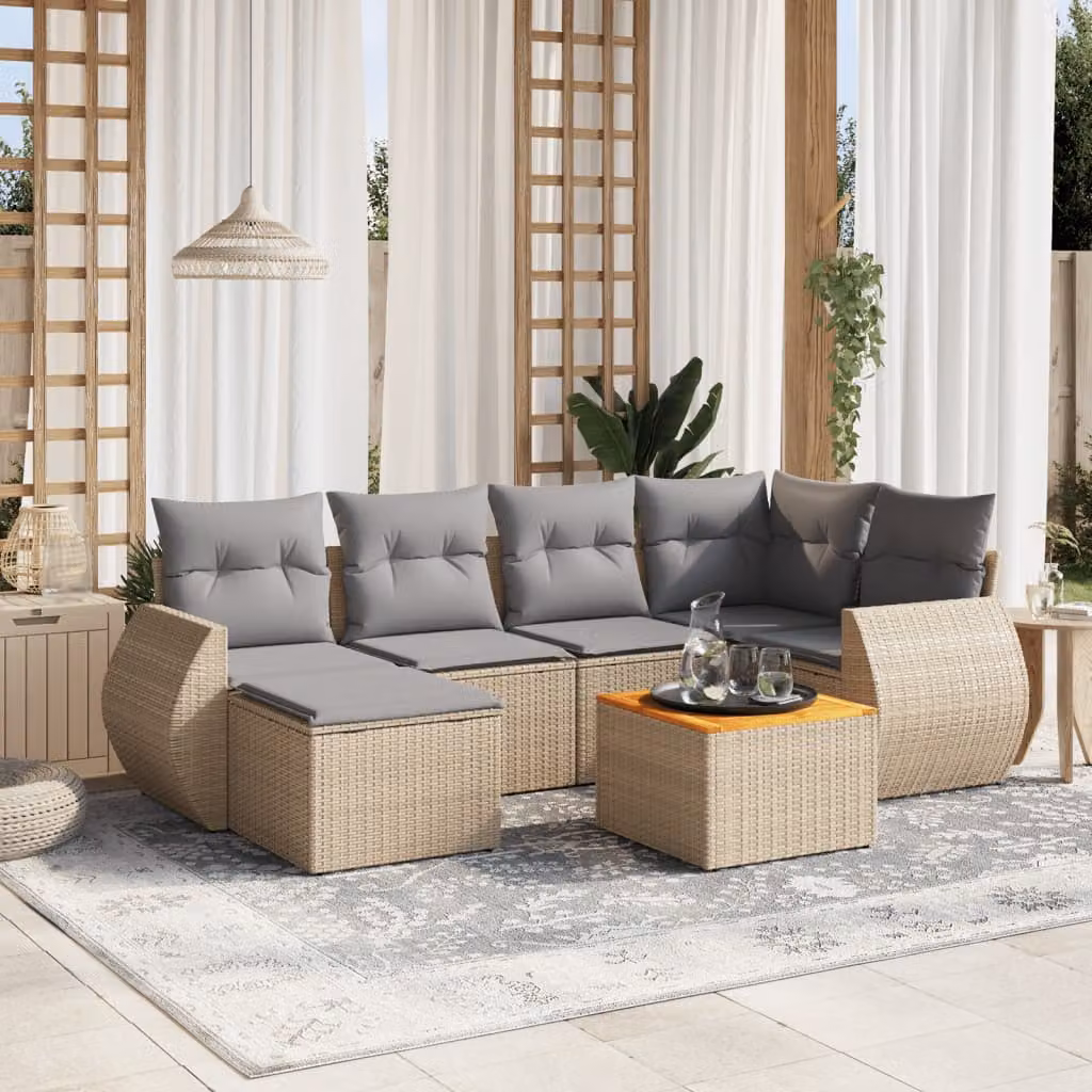 Set di Divani da Giardino vidaXL 7 pz in Polyrattan con Cuscini Beige e Grigio a Forma di L – 1