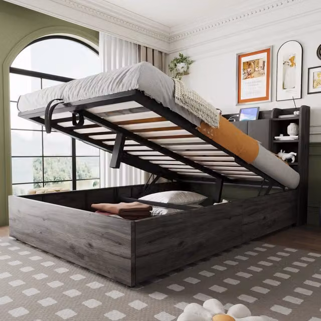 Letto singolo Mivray con contenitore idraulico, testiera imbottita con ripiani e porte USB Type-C, grigio, L/P/H: 140 x 200 x 76,7 cm