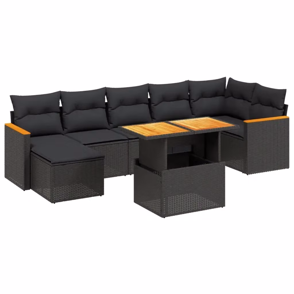 vidaXL Set Divani da Giardino a L con Cuscini 8 pz Nero in Polyrattan e Legno di Acacia – 2