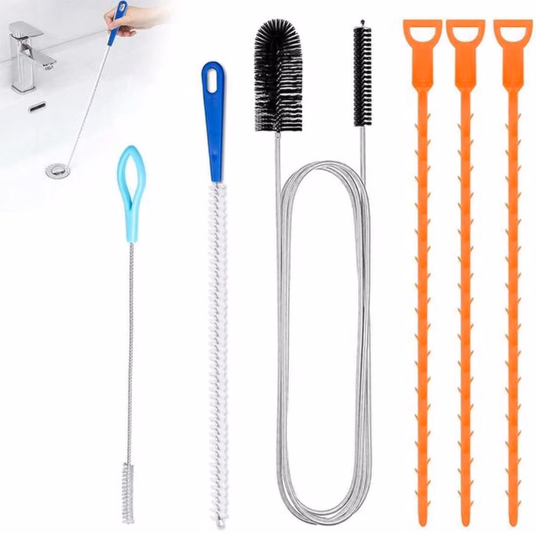 Set Azomor con 6 spazzole flessibili per la pulizia degli scarichi, adatte a diverse applicazioni