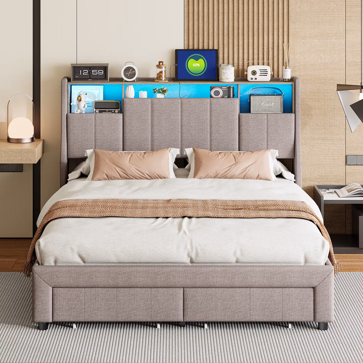 Letto imbottito per adulti 140 x 200 cm con illuminazione a LED e stazione di ricarica, contenitore, grigio
