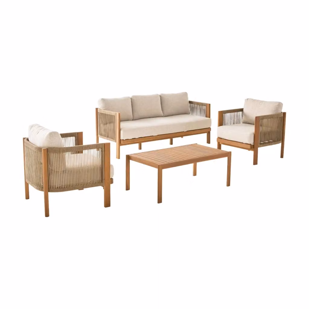 Set da giardino Sweeek in legno di acacia e corda, 5 posti, beige con cuscini inclusi – 2