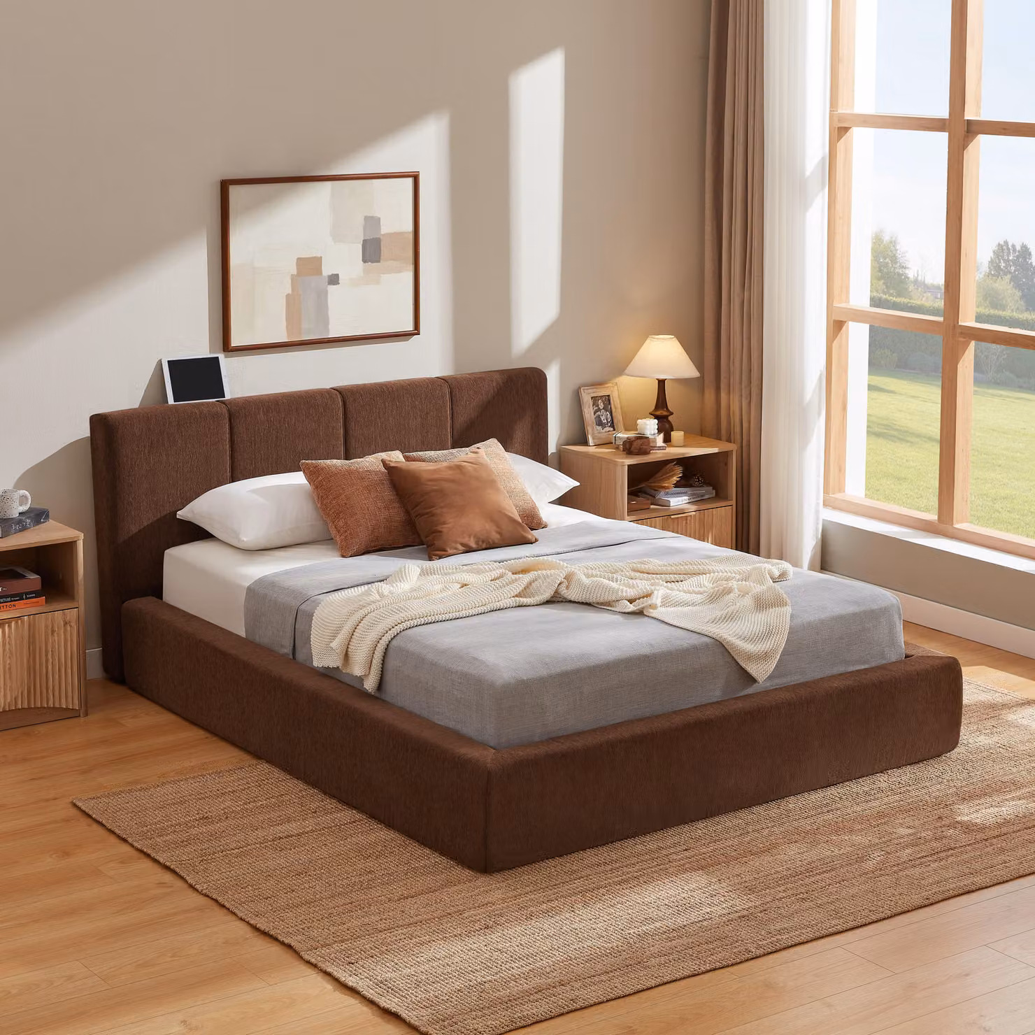 Letto imbottito LVHOM 140x200 cm, rivestito in tessuto tipo ciniglia con struttura a rete metallica e testiera, letto matrimoniale moderno, ideale per ragazzi, imballaggio compresso, colore marrone