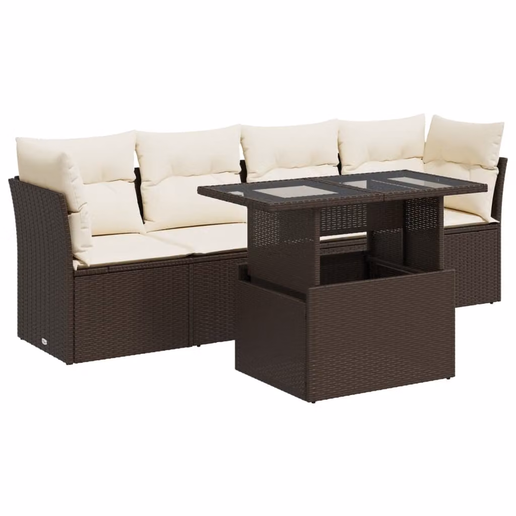 Set Divano da Giardino 5 pz con Cuscini Marrone in Polyrattan