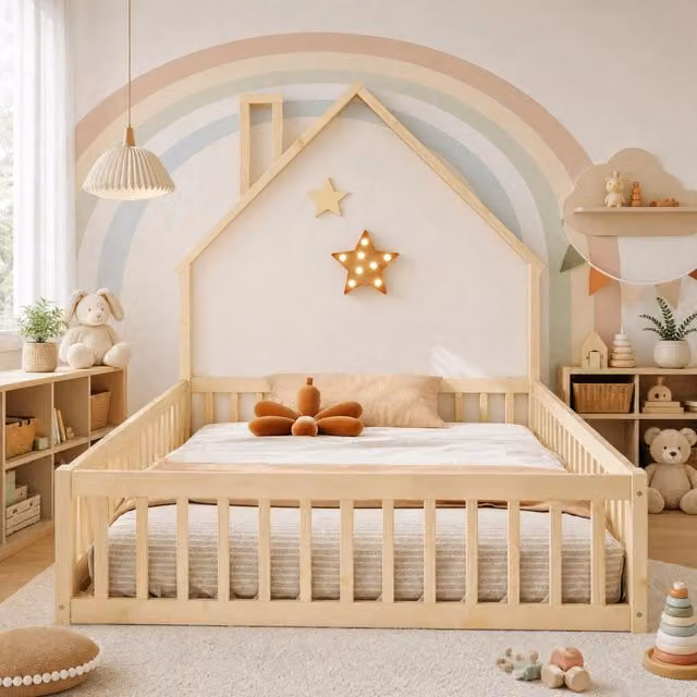 Letto a casetta per bambini 140x200 cm con sponda di sicurezza; in pino e MDF; naturale