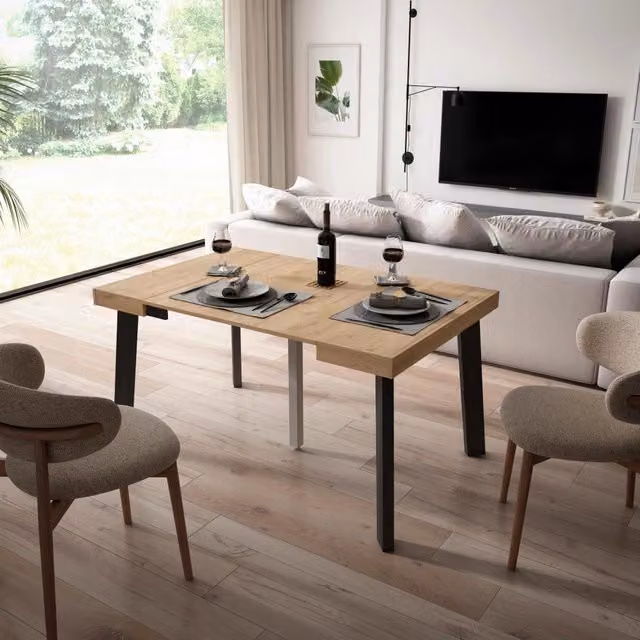 Consolle allungabile, 140x90x73cm, Per 6 persone, Gambe in legno, colore Rovere e nero RF3032