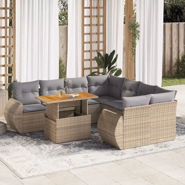 Set Divano da Giardino a L vidaXL in Polyrattan con Cuscini Beige e Grigio e Tavolino da Esterno – 1