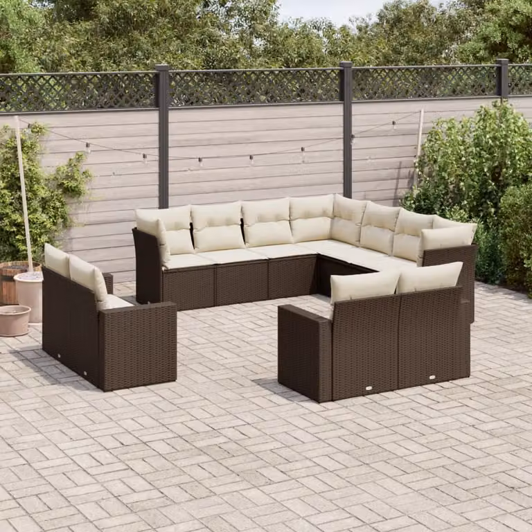 vidaXL Set Divani da Giardino 11 pz a Forma a L con Cuscini Marrone e Bianco in Polyrattan e Metallo
