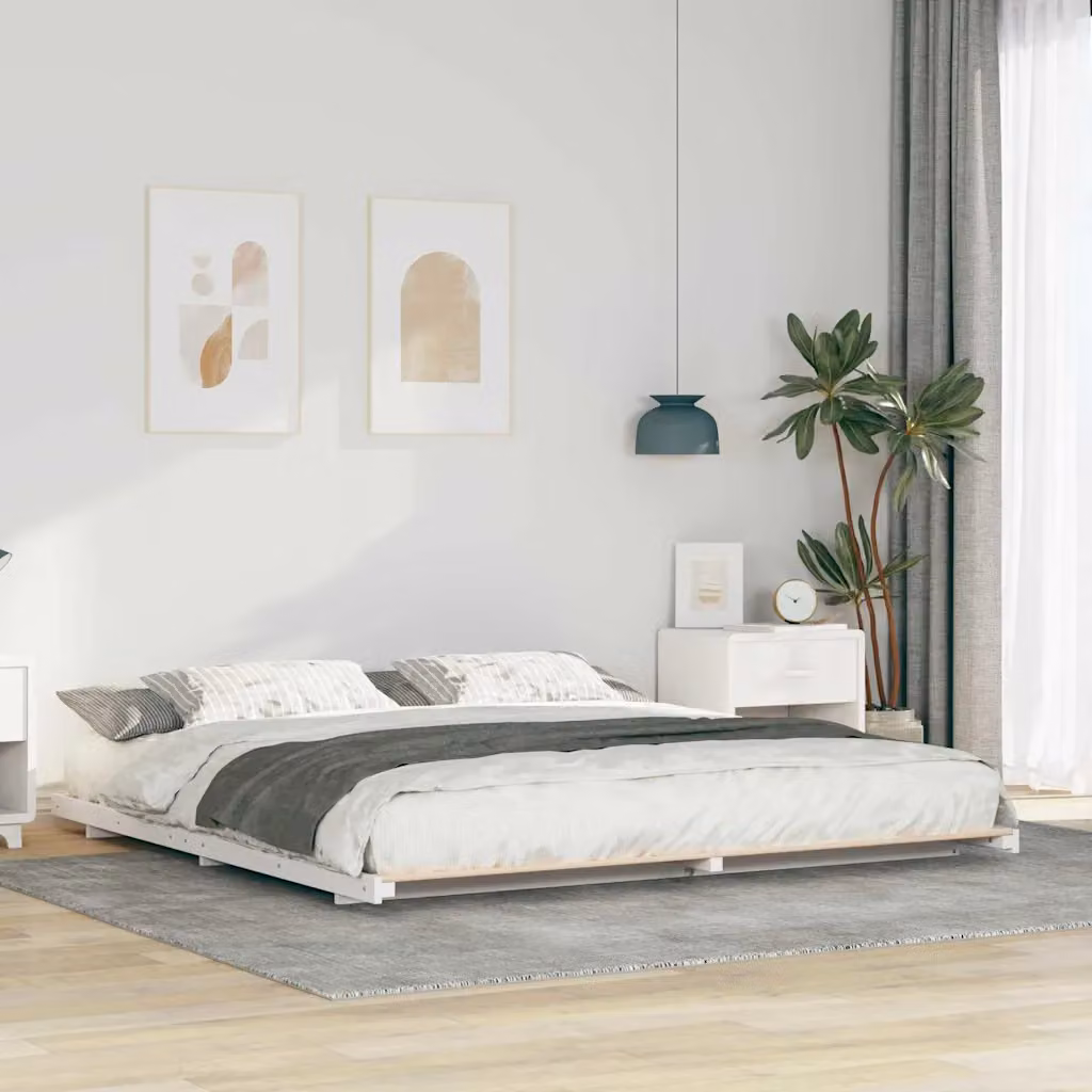 Struttura del letto vidaXL in pino massello e metallo, colore bianco, L 200 cm x P 220 cm
