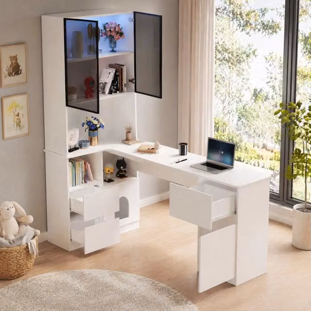 Scrivania angolare 120x80x180 cm con libreria; vetrina LED; 3 cassetti e 2 porte; bianca