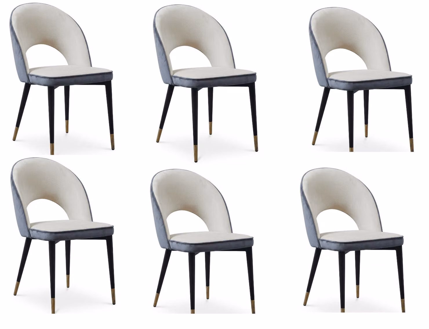 Set di 6 sedie da pranzo, schienale con foro centrale, rivestite in velluto, colore grigio e bianco