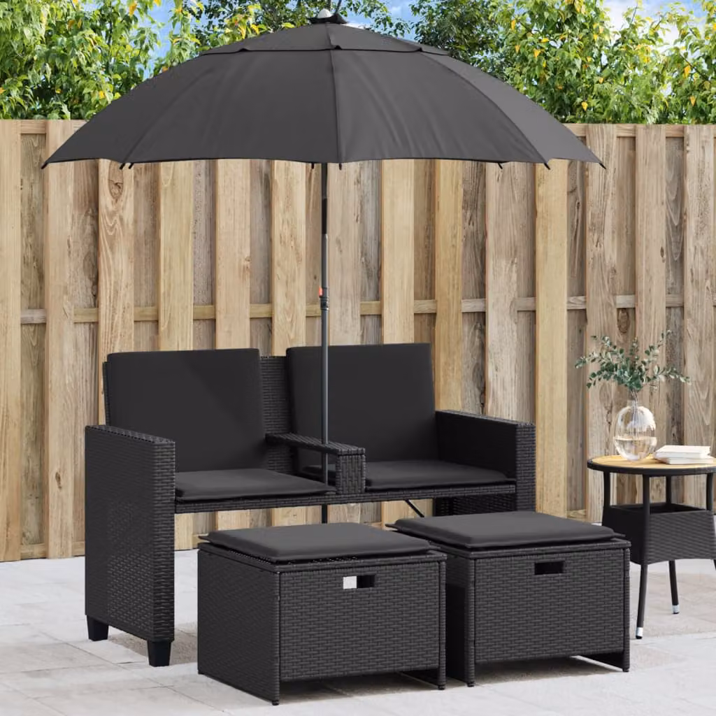 Set da giardino vidaXL composto da divano a 2 posti con cuscini e pouf nero in rattan e metallo