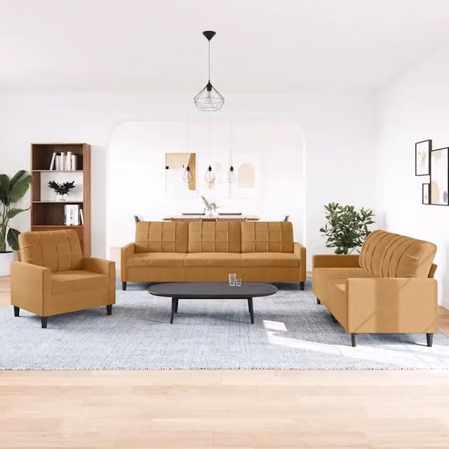 Set di 3 Divani Moderni vidaXL in Velluto Marrone con Cuscini e Struttura in Metallo per Soggiorno – 1