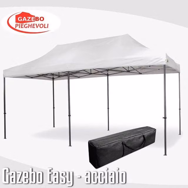 Gazebo 3x6 m bianco pieghevole portatile estendibile richiudibile estensibile acciaio SENZA laterali per fiere eventi stand chiosco tenda tendone mercato mercatino