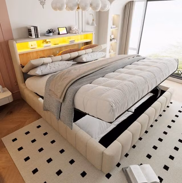 Letto matrimoniale 180x200 beige con contenitore idraulico, LED e porte USB/USB-C