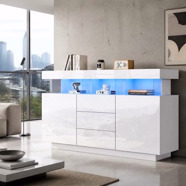 Sideboard moderno bianco lucido 140x35x80 cm con illuminazione LED a 16 colori, 3 cassetti e 2 ante scorrevoli