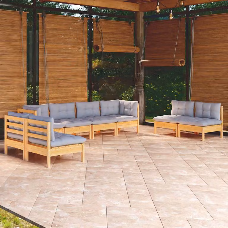 Set di divani da giardino vidaXL a forma di L in legno massello di pino con cuscini grigi, 8 pezzi