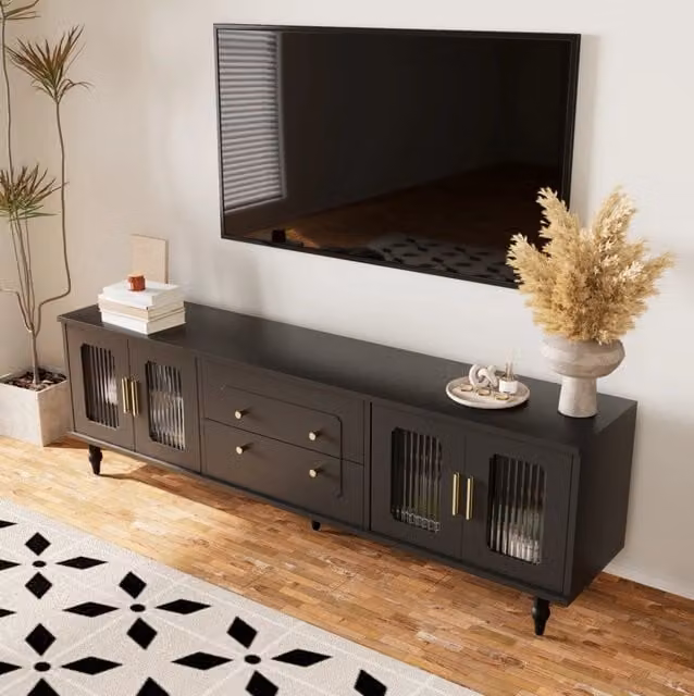 Mobile TV 175x38x55;5 cm; porte in vetro rigato e cassetti push-to-open; truciolare nero