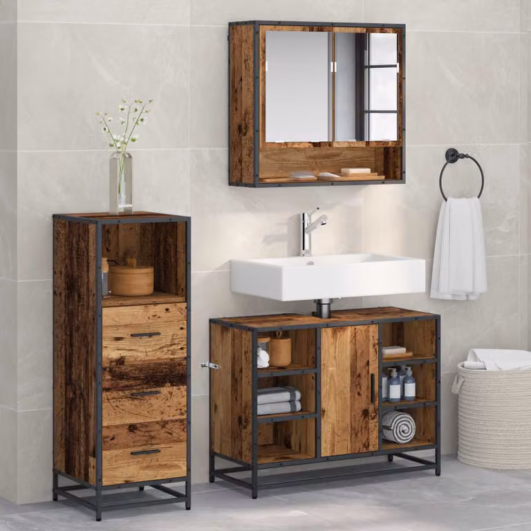 Set di mobili per il bagno vidaXL 3 pezzi in stile minimalista, colore marrone e nero, con armadietto con specchio, mobile lavabo e mobile laterale in legno e metallo