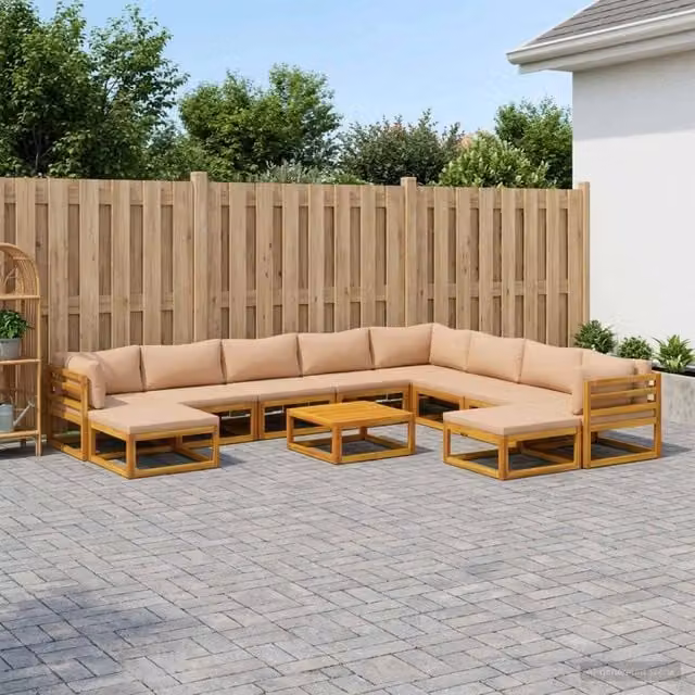 Set di divani da giardino vidaXL in legno di acacia massello con cuscini beige e marrone, composto da 11 pezzi con modulo angolare, pouf e tavolino da esterno – 1