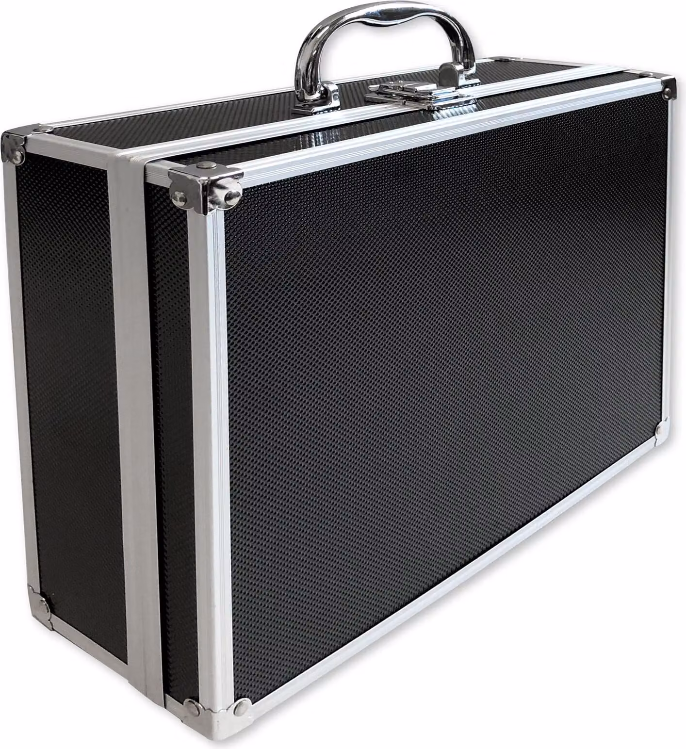 Valigetta in alluminio, colore nero, con inserto in schiuma a cubetti. Dimensioni: 300 x 250 x 100 mm