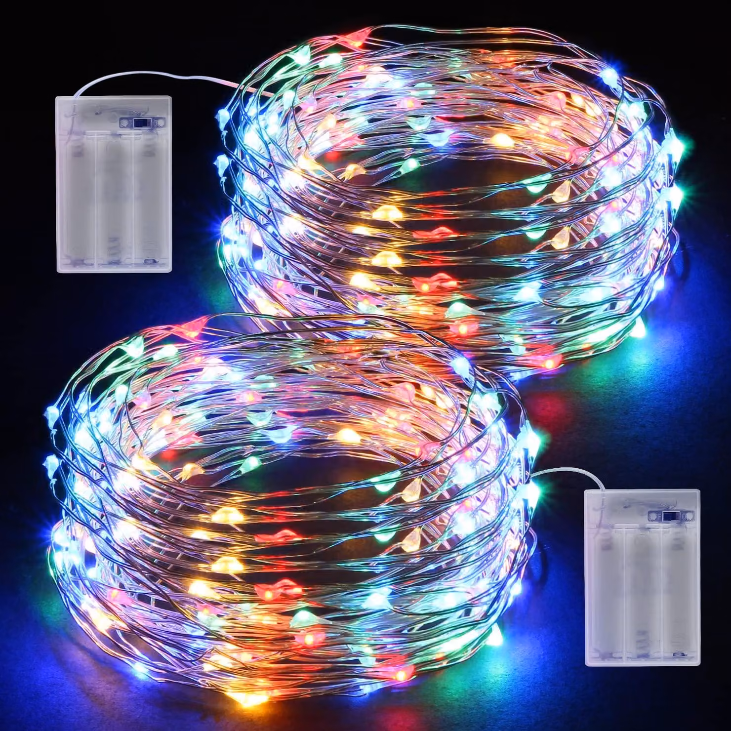 Catena luminosa a LED, 2 x 12 metri, 120 micro-LED colorati, alimentazione a batteria, filo argentato