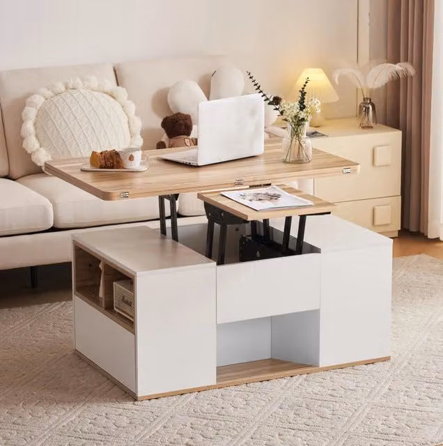 Tavolino da caffè sollevabile 100x51x47 cm in pannello truciolare; bianco e effetto legno