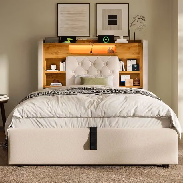 Letto REDOM in tessuto beige con illuminazione LED, porte USB, testiera con ripiano e base contenitore, L/P: 90 x 200 cm – 1