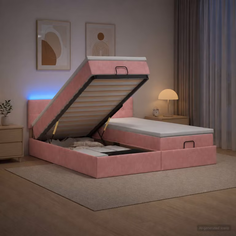 Letto Ottomano vidaXL con Materasso e Illuminazione LED in Velluto Rosa, L 180 x P 200 cm