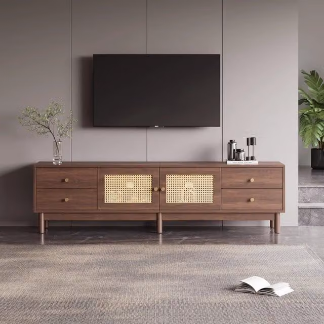 Mobile TV 180 cm - Zephmum - Finitura legno scuro, due ante in rattan, quattro cassetti, gestione cavi