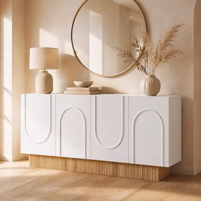 Sideboard moderno a 4 ante 160x38x75 cm in truciolare bianco e legno