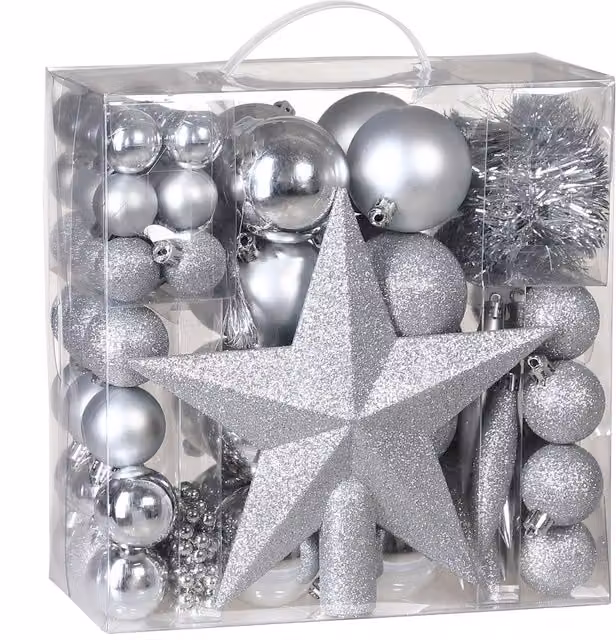 Set di 77 palline di Natale Deuba® argento in plastica per decorazioni ad appendere
