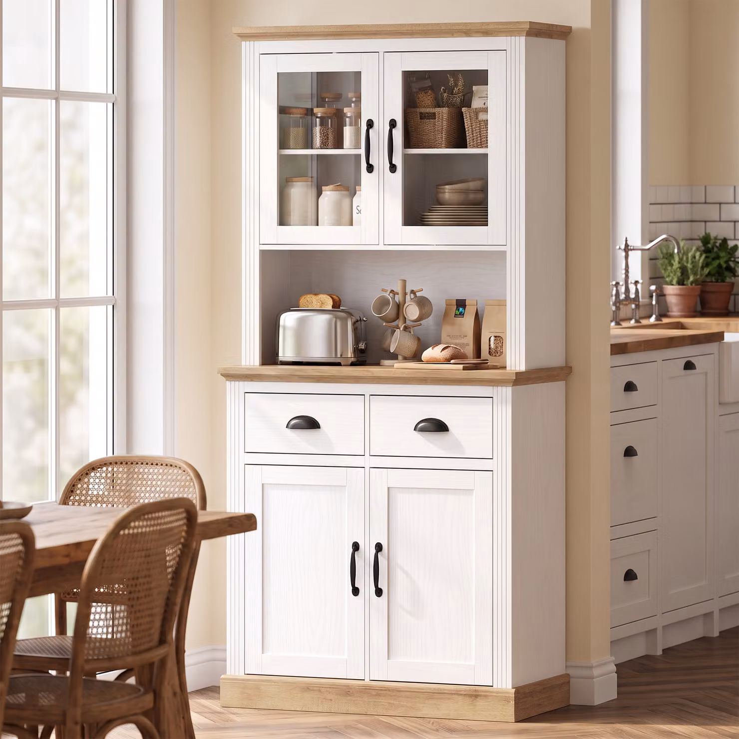 Buffet alto da cucina HOMCOM bianco con 2 ante in vetro, 2 cassetti e ripiani regolabili – 2