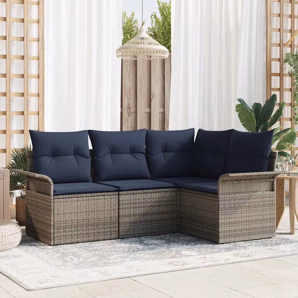 Set Divano da Giardino vidaXL 4 Pezzi a Forma di L con Poltroncina e Tavolino, Colore Grigio e Blu, Struttura in Metallo e Polyrattan con Cuscini Inclusi
