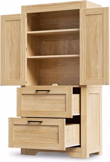 Mobile cucina stile country in legno naturale con 2 cassetti e ripiani regolabili, armadio laterale con anta a doghe, 60x30x128 cm