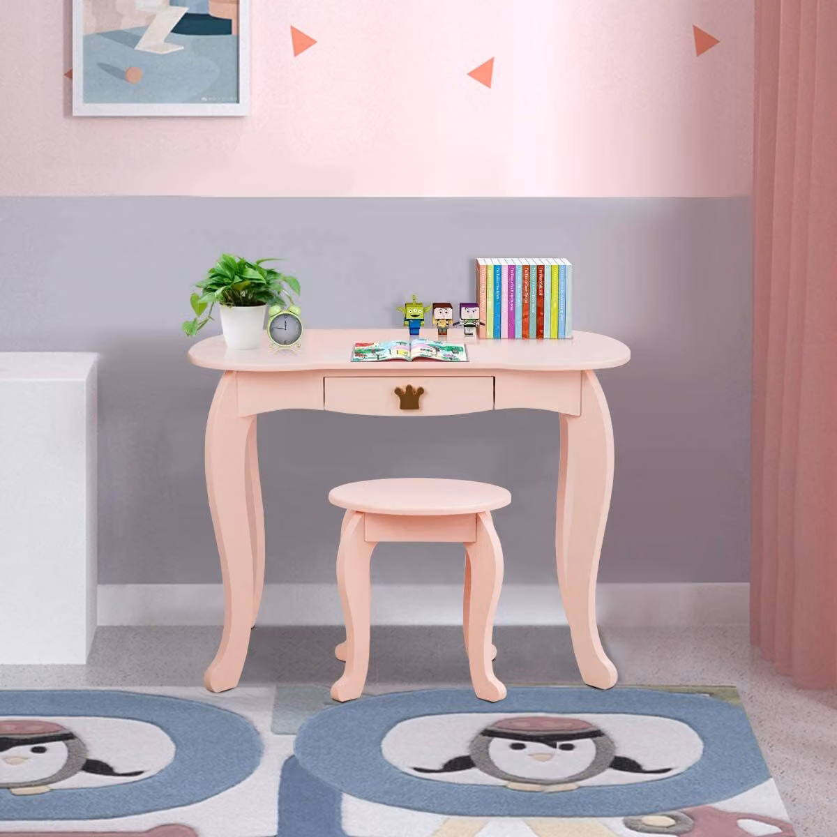 COSTWAY Tavolo da toilette per bambini con sgabello e specchio estraibile, tavolo da toilette per bambine in legno, tavolo per bambini con cassetto, tavolo con specchio 80x42x106cm rosa