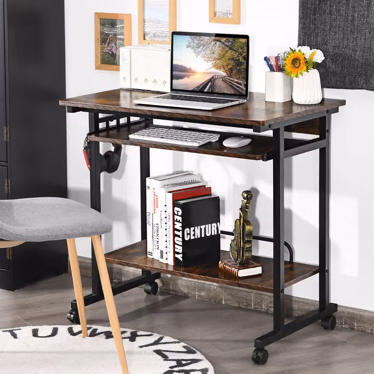 Scrivania per computer Costway con vassoio per tastiera e carrello su ruote, stile industriale in legno marrone
