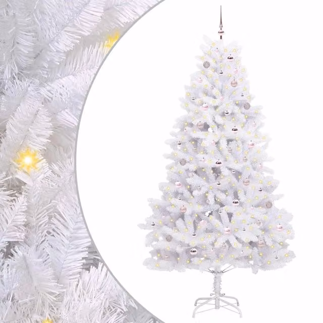 Albero di Natale artificiale moderno con rami pieghevoli in PVC e metallo, decorazioni LED, colore bianco, Altezza: 240 cm