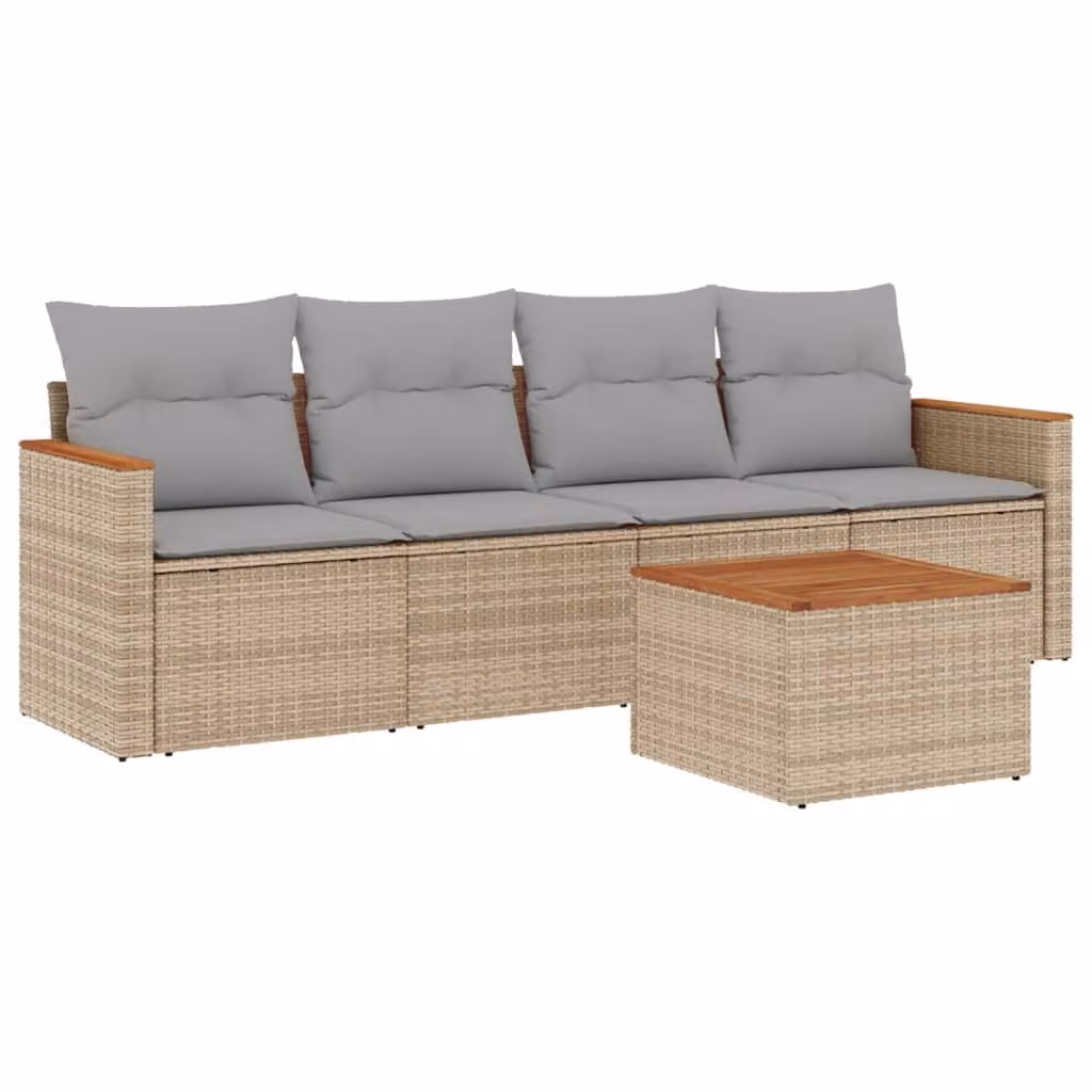 Set Divano da Giardino 5 pz con Cuscini Beige Misto Polyrattan
