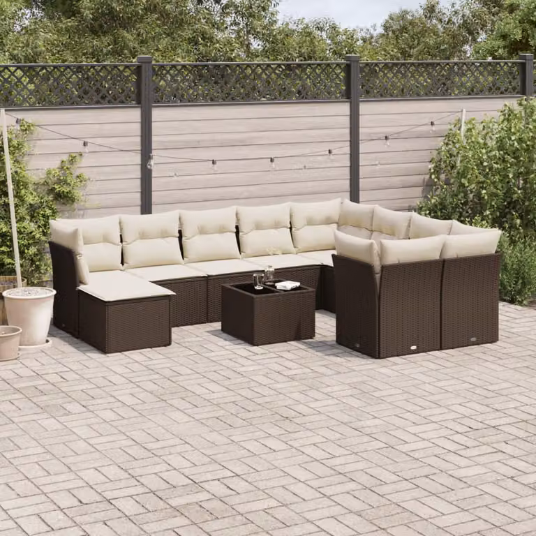 vidaXL Set Divani da Giardino 11 pz a Forma a U in Polyrattan Marrone e Bianco con Cuscini e Tavolino da Esterno