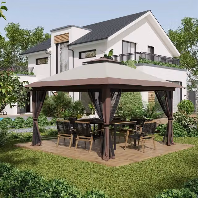 Gazebo da giardino pieghevole con altezza regolabile e protezione UV50+ in poliestere beige 392 × 392 × 283 cm