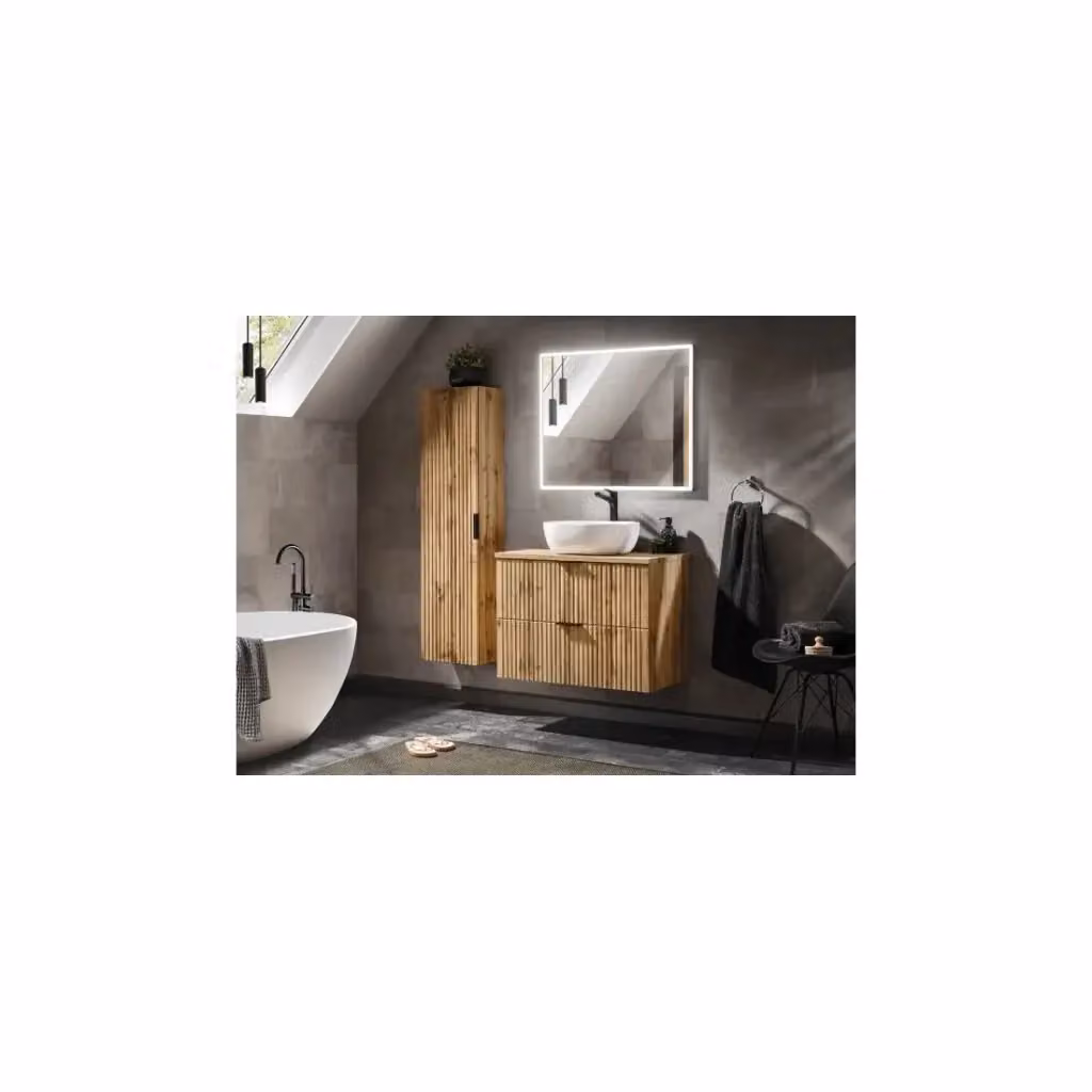 Set bagno sospeso Meublorama NOXERA in Rovere Wotan e Bianco, composto da mobile sottolavabo con lavabo, specchio con illuminazione LED e colonna, L: 80 cm, H: 140 cm, P: 46 cm – 2