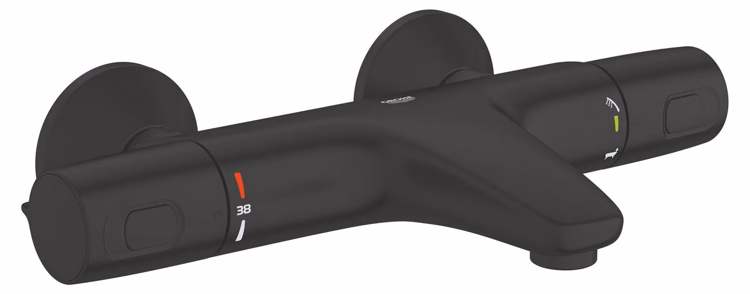 Termostato per rubinetto da bagno, tecnologia CoolTouch, manopola in metallo, finitura nero opaco, montaggio a parete