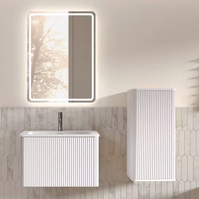Armadietto da bagno moderno con specchio LED, mobile sospeso sottolavabo, lavabo e colonna laterale, bianco
